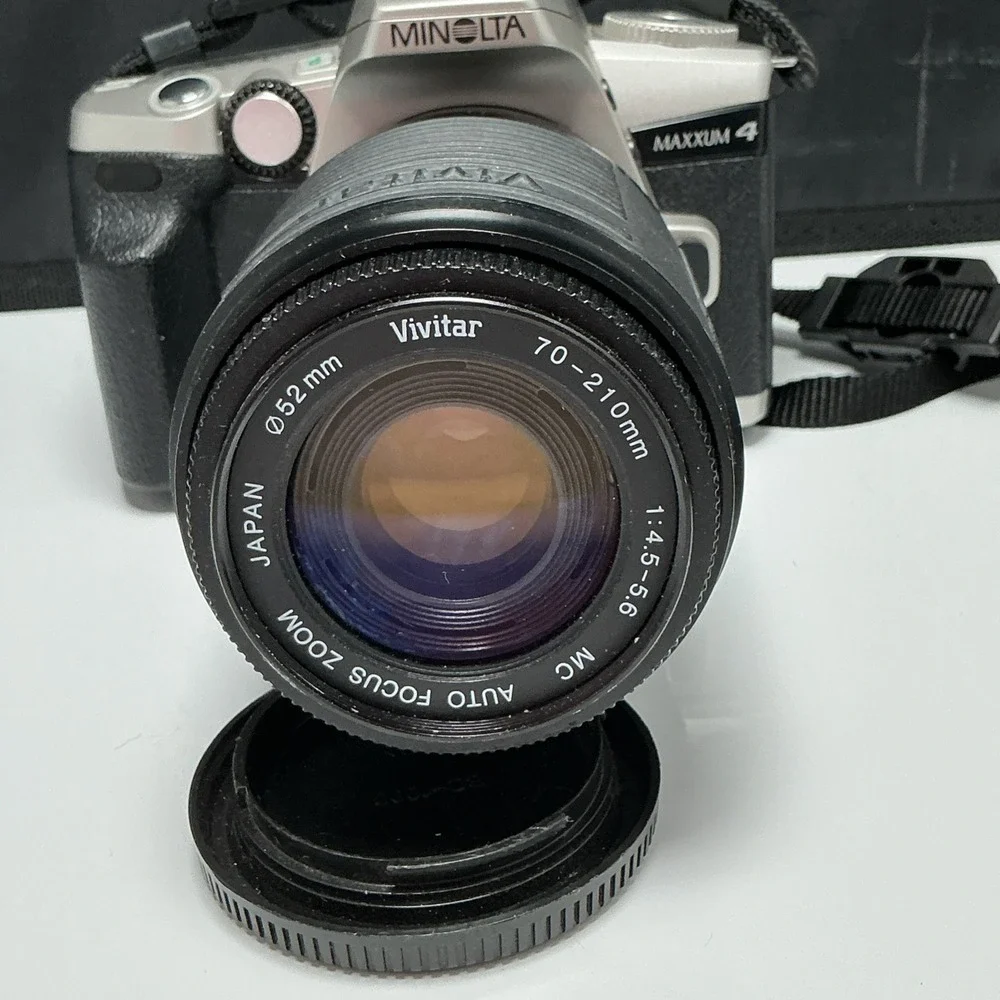 Minolta Maxxum 4 35mm Film Camera Lot w/ Minolta 50mm & Vivitar Lenses Untested